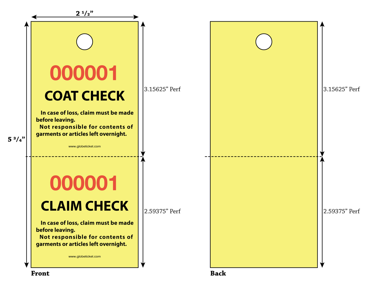 2-Part Coat Room Check - Yellow (500/Bundle)