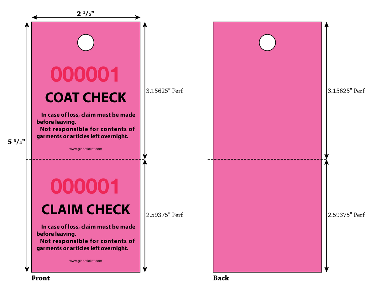 2-Part Coat Room Check - Pink (500/Bundle)