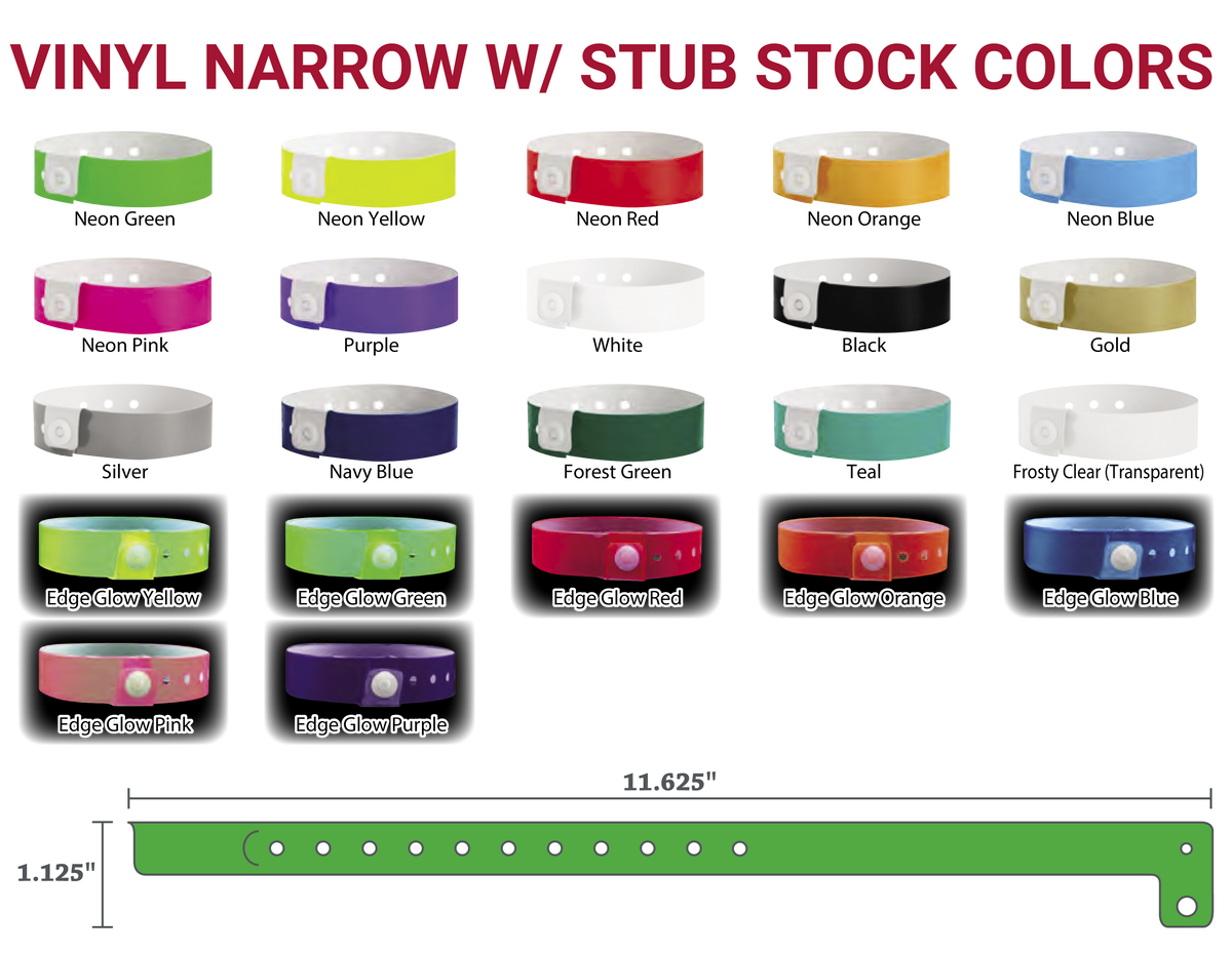 Vinyl &quot;Narrow&quot; Solid Color w/ Stub Wristbands (500/Box)