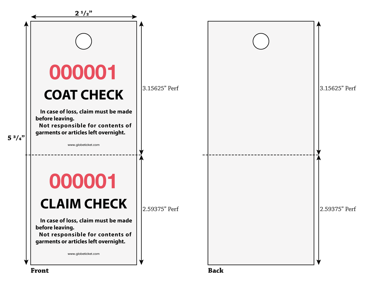 2 Part Coat Check Numbers 2-Part Coat Room Check - White (500/Bundle) - Globe Ticket